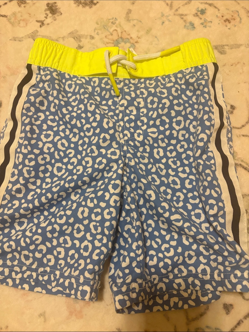 Mini Boden Blue Leopard-Print Swim Trunks with Neon Yellow Waistband